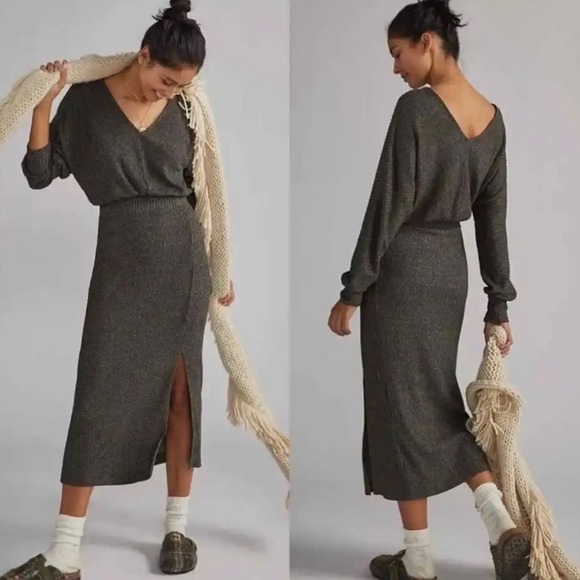 Anthropologie Daily Practice Barre Midi Dress Knit Sweater Dress Carbon SML - Picture 1 of 11